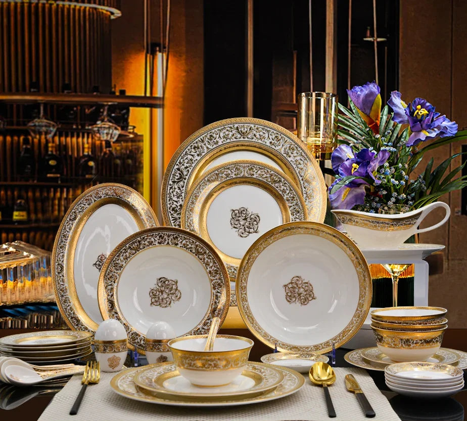 Karosa Luxury 84-piece gold embossed porcelain dinnerware set with plates and bowls by ๐๐ ๐๐๐ ๐น๐๐๐๐ ๐ป๐๐
