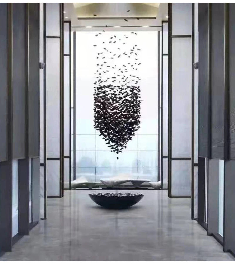 Black Art Luxury Stone Crystal Chandelier For Staircase Hallway Lobby Modern Cristal LED Hanging Lamp Home Indoor Light Fixtures