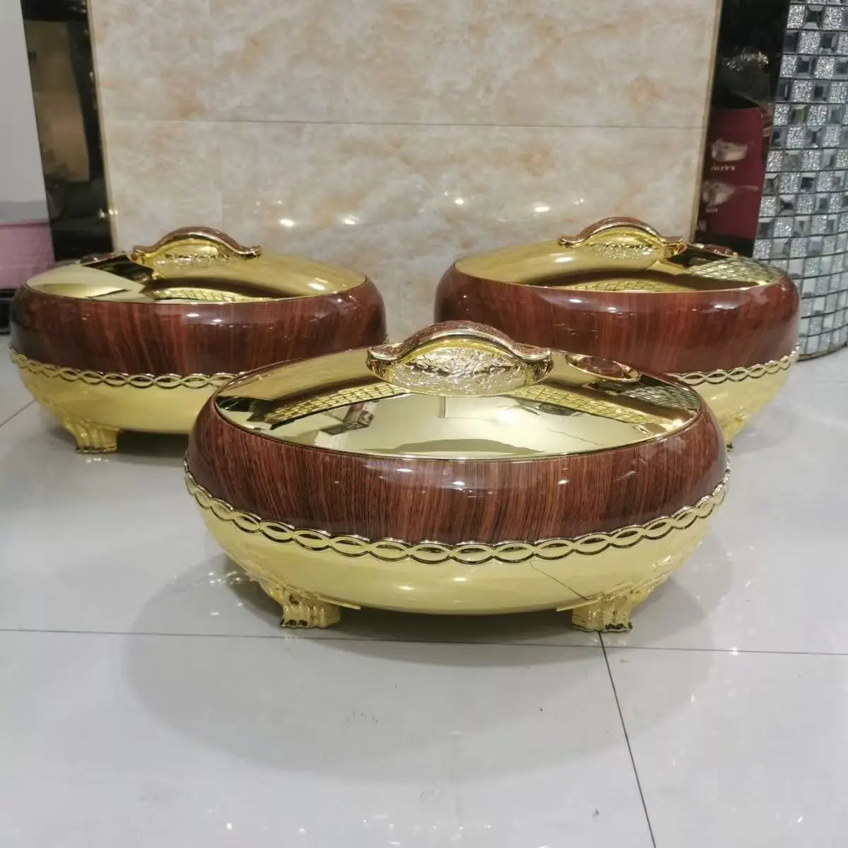 Large stainless steel hot pot set by MC THE BLACK DIAMOND with 4L, 5L, and 6L capacity for parties and gatherings.