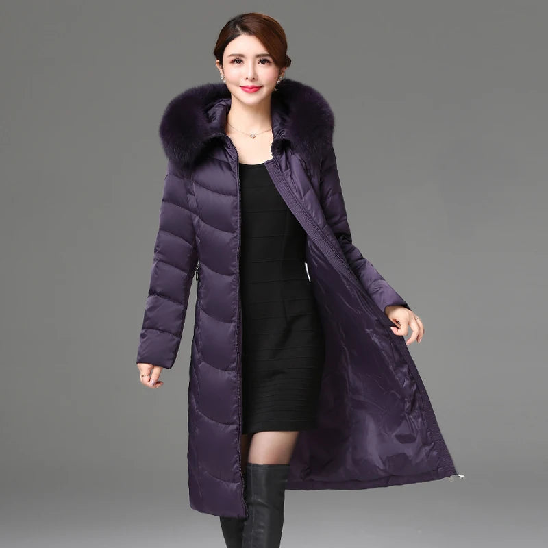 Shengyu Boya women's knee-length down jacket with thick fur collar, slim fit, suitable for middle-aged and elderly women.
