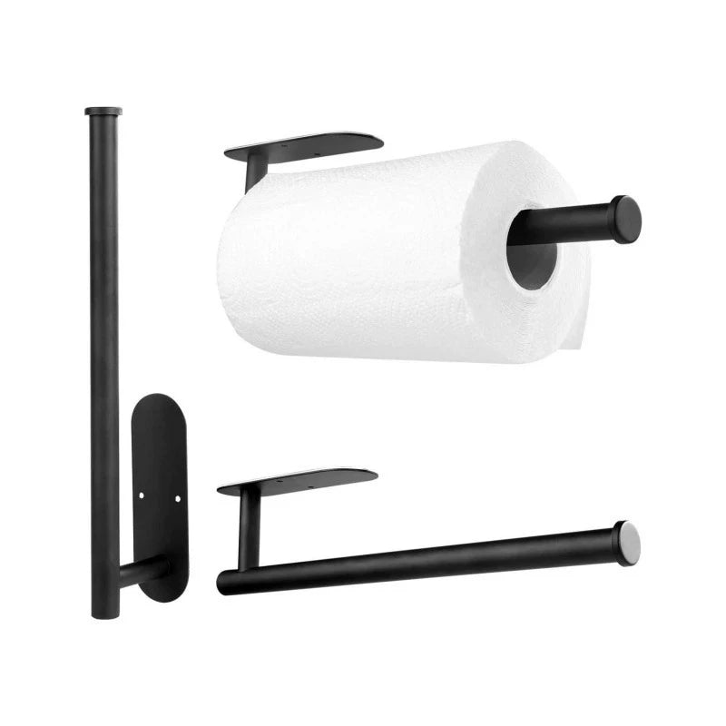 Stainless steel self-adhesive paper towel holder attached under kitchen cabinet, designed for easy paper towel access and storage.