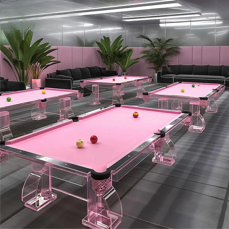 Pink acrylic billiard table by MC THE BLACK DIAMOND, featuring a sleek modern design for home entertainment and leisure.