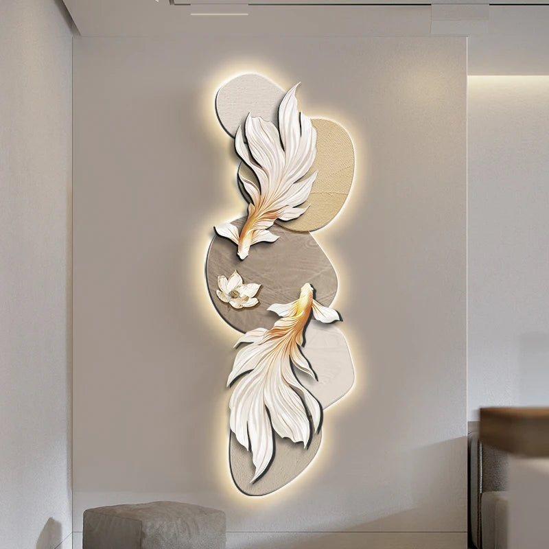 Modern koi wall decoration painting poster by MC THE BLACK DIAMOND featuring LED light accents, luminous mural for entrance corridors.