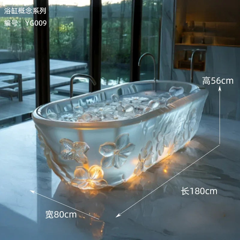 Transparent freestanding resin bathtub by MC THE BLACK DIAMOND, featuring a modern AI-inspired couple design and crystal-clear finish.