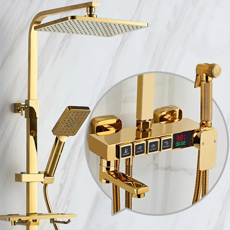 MC THE BLACK DIAMOND luxury digital shower head set with rainfall shower head and matching shower caddy in bathroom setting