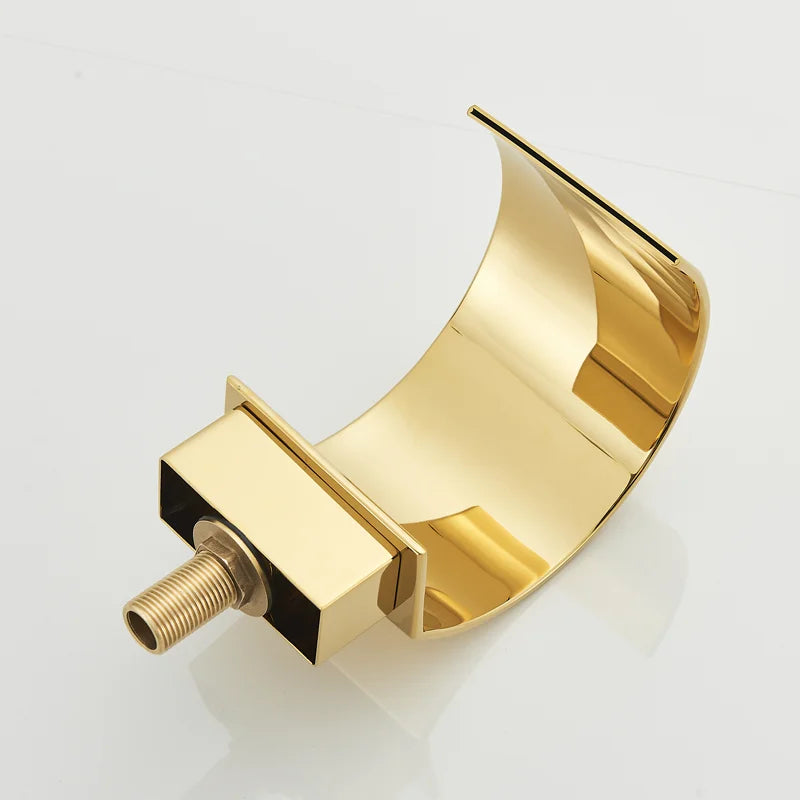 MC THE BLACK DIAMOND Shinesia luxury golden bathroom basin faucet with vessel sink waterfall design and dual crystal handles.