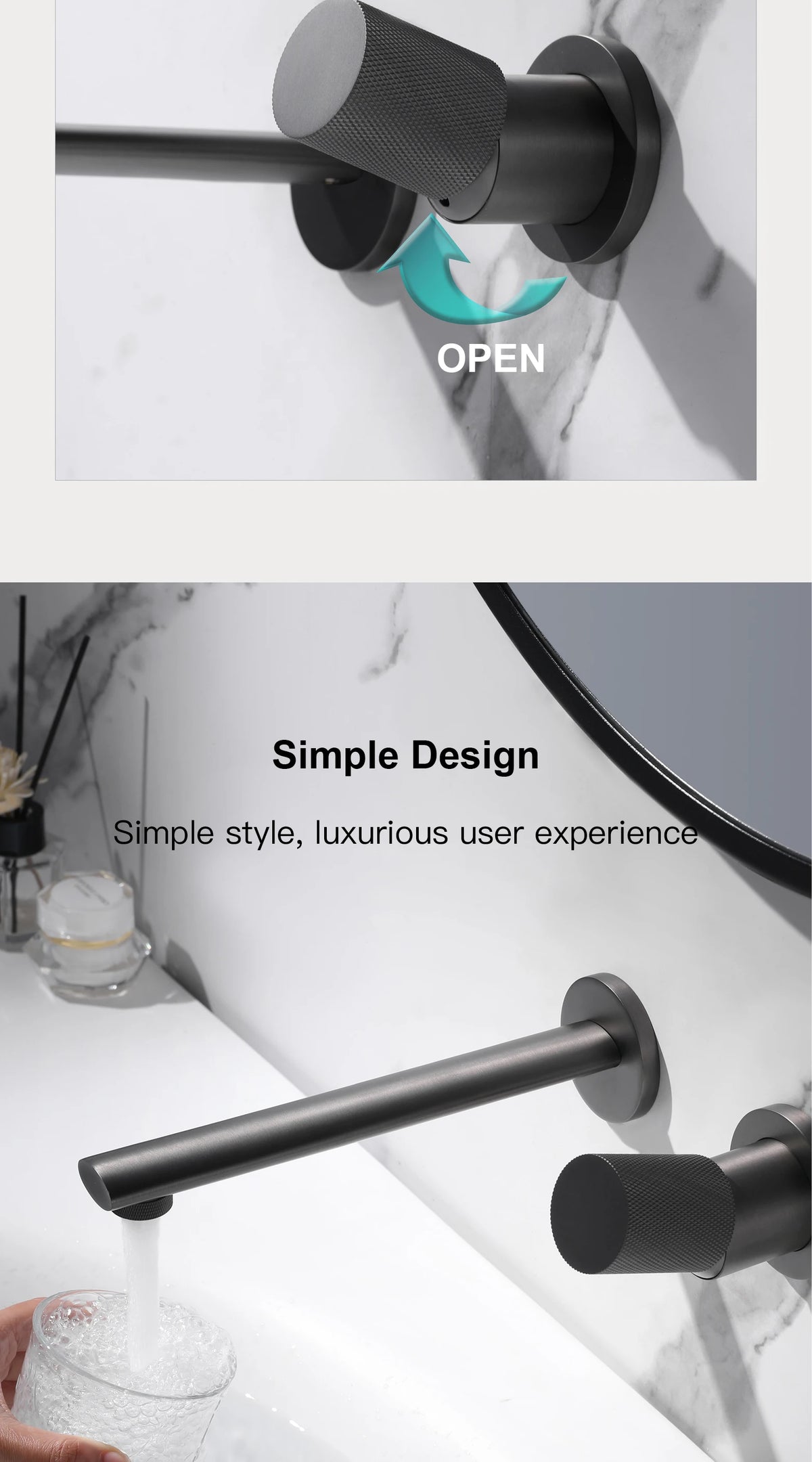 Luxruy rose gold brass wall-embedded bathroom bath sink faucet by MC THE BLACK DIAMOND installed on a modern bathroom wall.