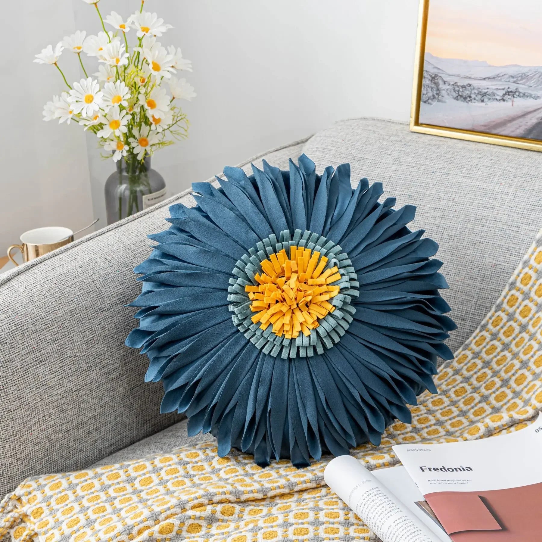 Pink and white velvet throw pillow with 3D chrysanthemum embroidery, 45x45cm, for home decor from MC THE BLACK DIAMOND.