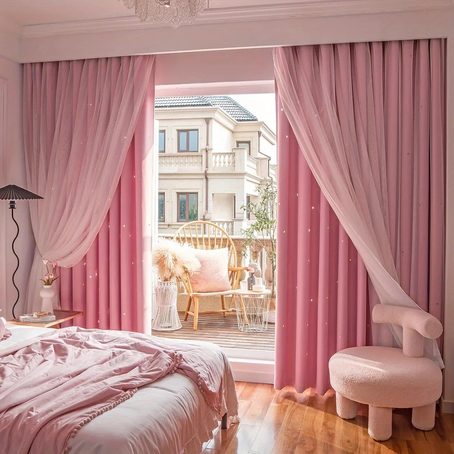 2 Panel Blue Romantic Sheer Girls Curtains Double-Layer Princess Curtains Hollow Stars Blackout Curtains Star Ins Gauze Curtains - https://mohammadcollection.com