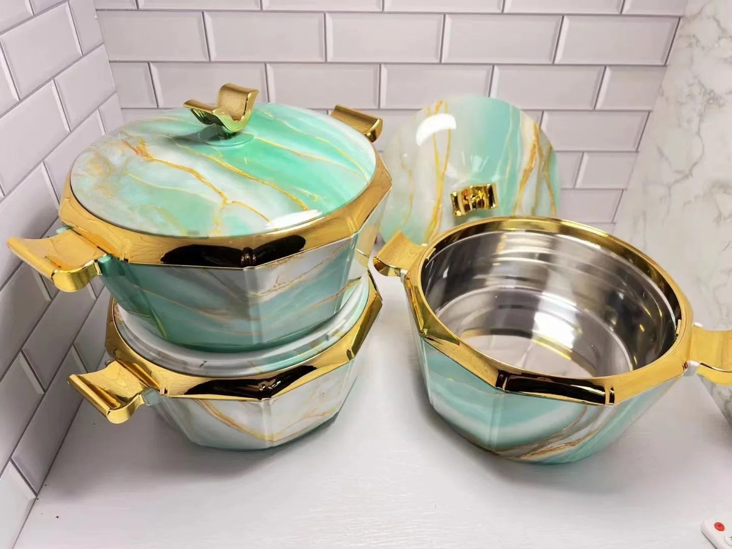 Design Food Warmer Casserole set from MC The Black Diamonds, includes 3 insulated thermal containers for hotpot and party meals.