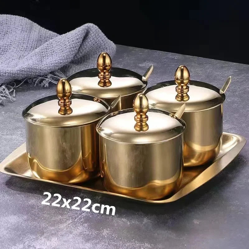 Gold MC THE BLACK DIAMOND 304 seasoning bottle with glass cap, spoon, and salt storage, ideal for soy sauce and spices in the kitchen.