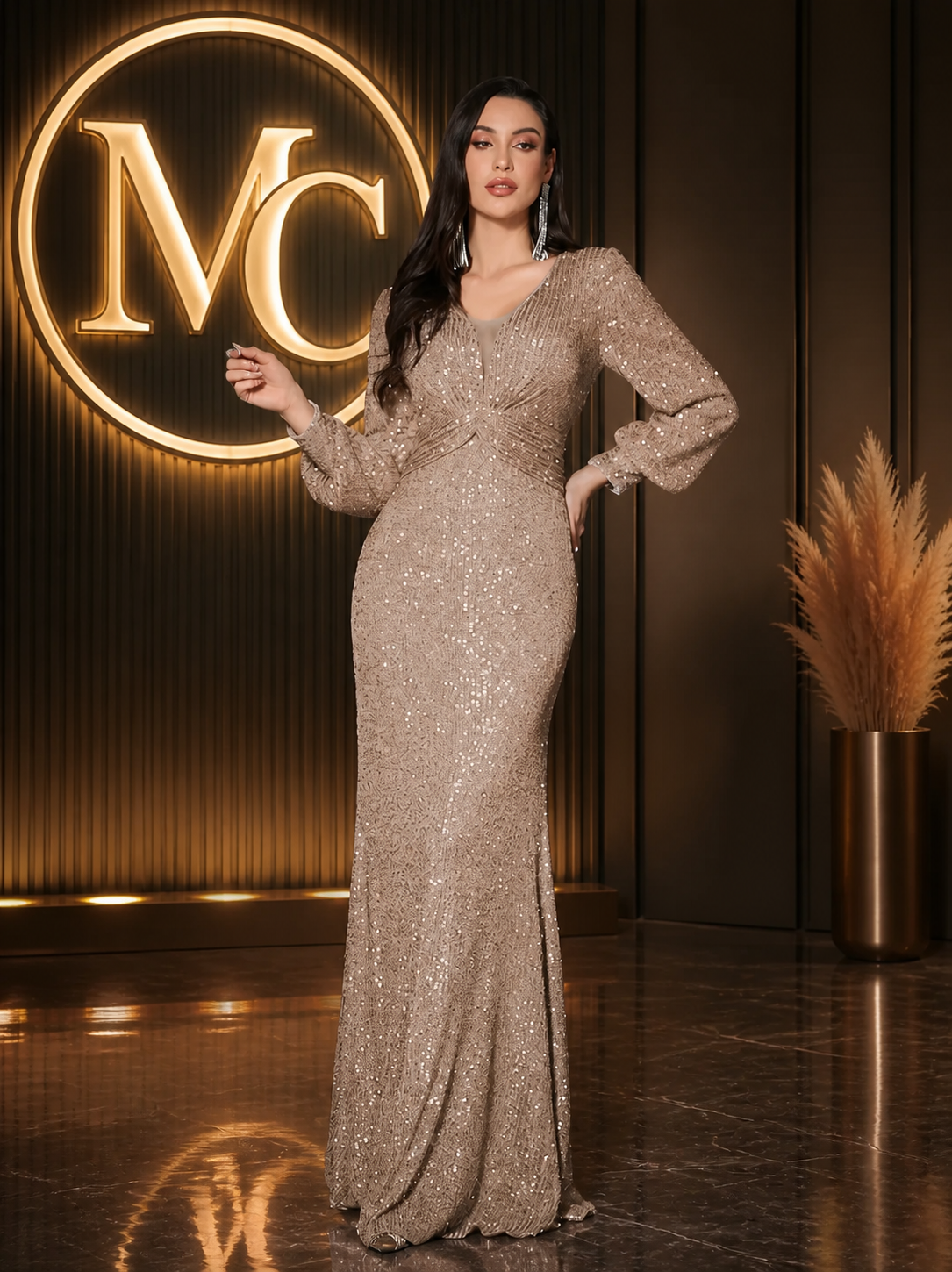 MC THE BLACK DIAMOND mermaid evening dress with twisted lantern sleeves, gold sequins, and a long maxi silhouette for formal occasions.