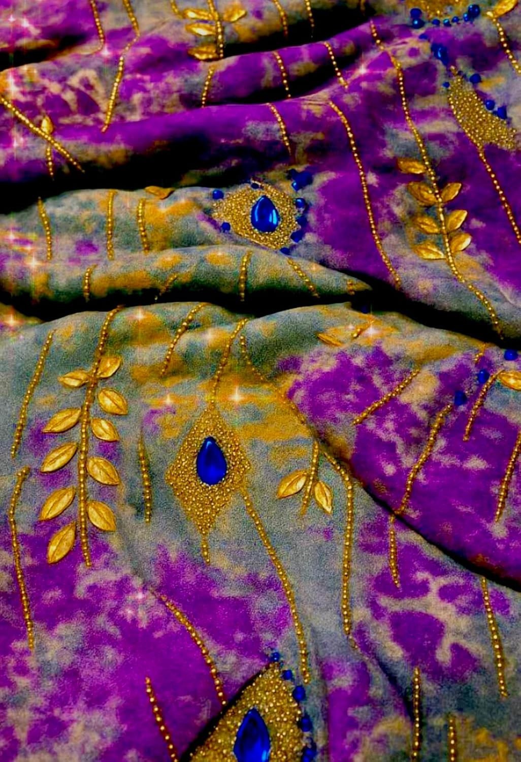 Royal Purple with Gold Embroidery & Blue Beads on Olive-Green Velvet