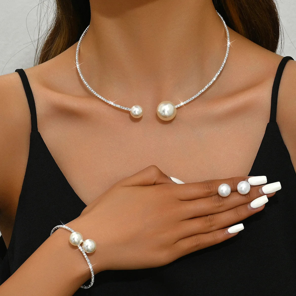 Trendy Full Crystal Jewelry Set Minimalist Pearl Necklace Bracelet Earring Set W