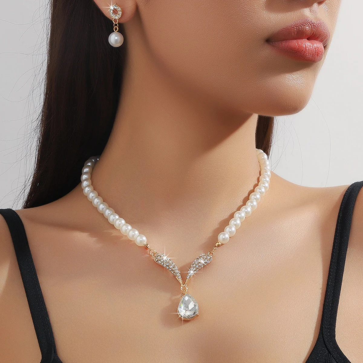 Mohammad Collection 3-piece pearl droplet jewelry set with necklace and earrings, elegant gold-tone design for special occasions