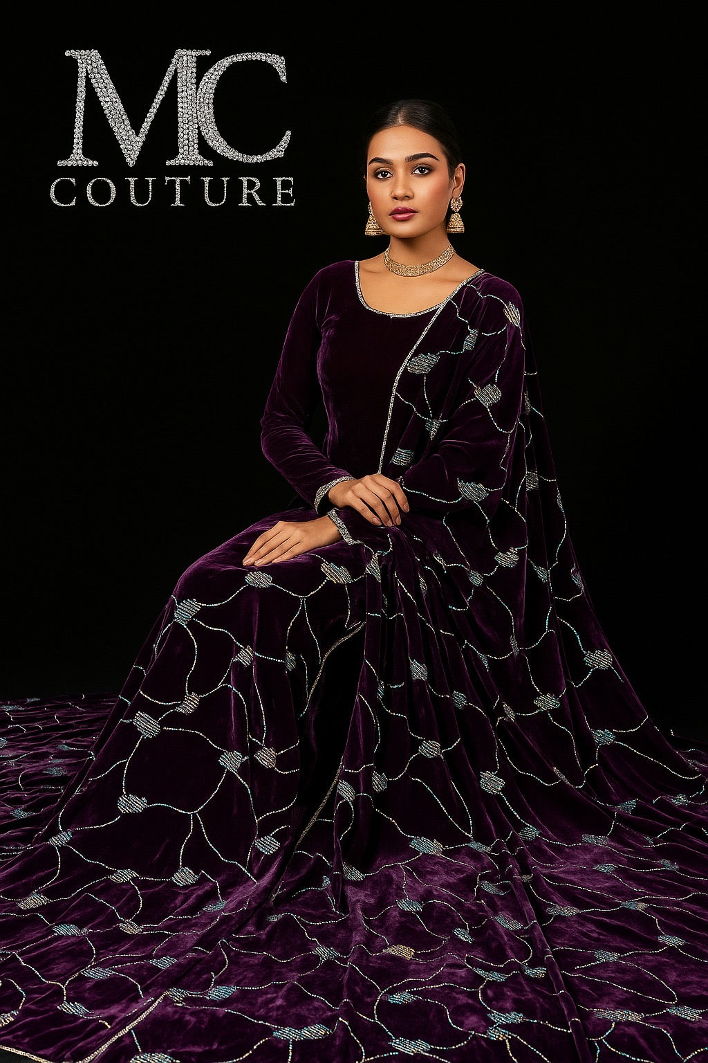 Purple velvet floral fabric for women's suits by MC THE BLACK DIAMOND, showcasing luxurious textured material.