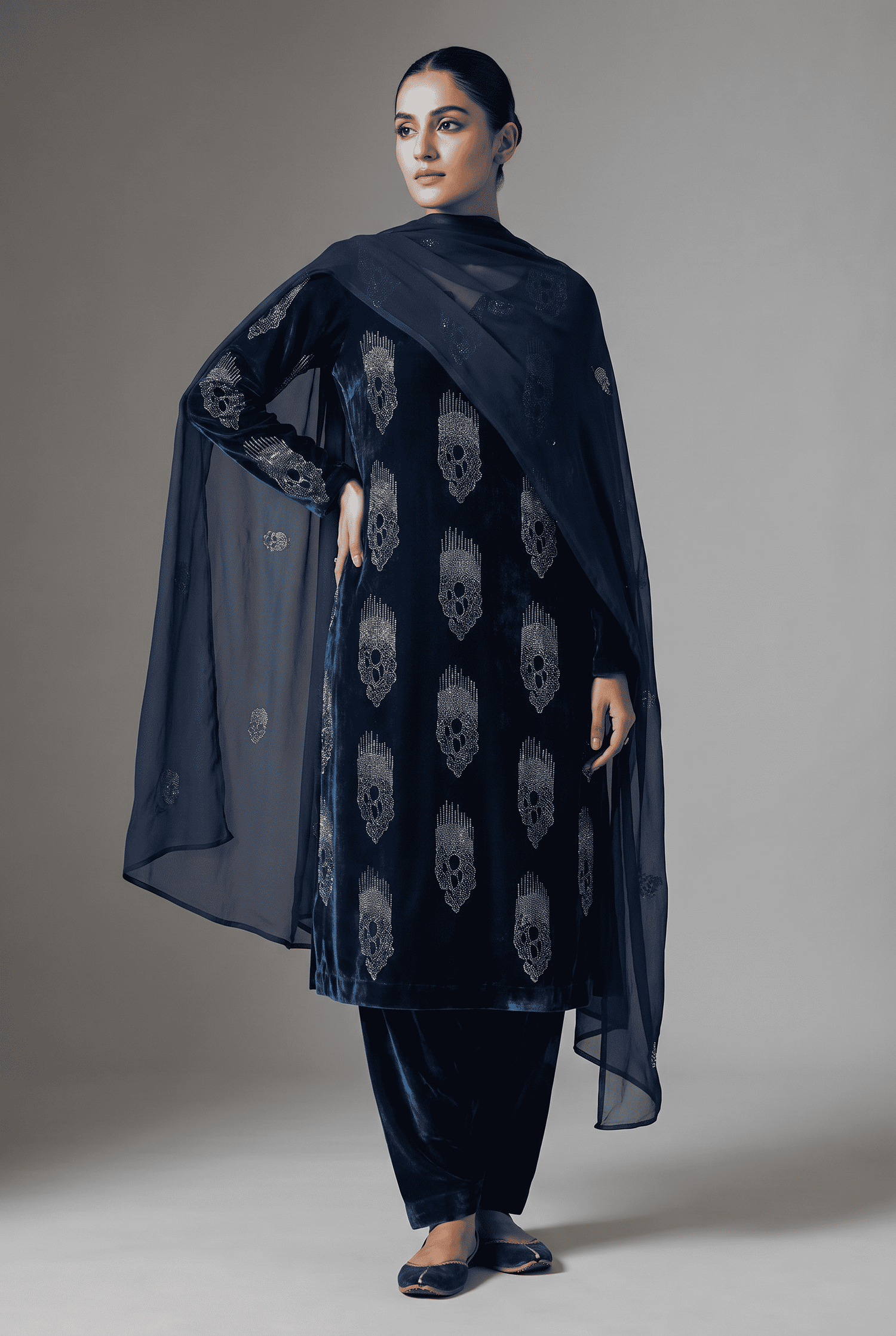 Close-up of MC THE BLACK DIAMOND Midnight Sapphire Velvet fabric, showcasing its rich, smooth texture and deep blue color.