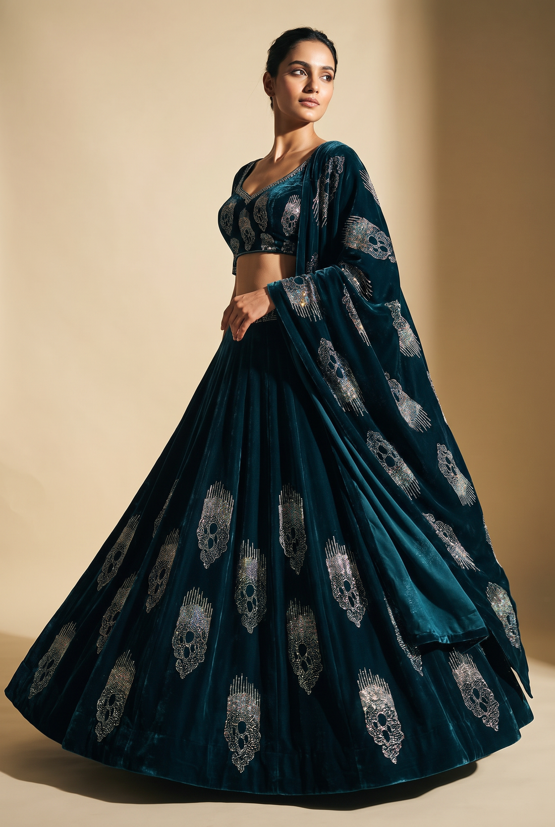 Close-up of Midnight Sapphire Velvet fabric by MC THE BLACK DIAMOND, showcasing its luxurious texture and deep blue color.
