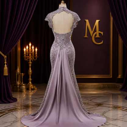 Elegant MC THE BLACK DIAMOND mother of the bride gown with slim lace, high collar, cap sleeves, appliqué, and floor-length design.