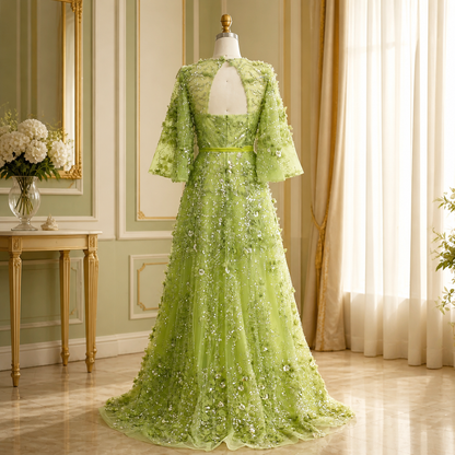 Green luxury evening dress by MC THE BLACK DIAMOND featuring a V-neck, 3D embroidered flowers, ideal for weddings and parties.