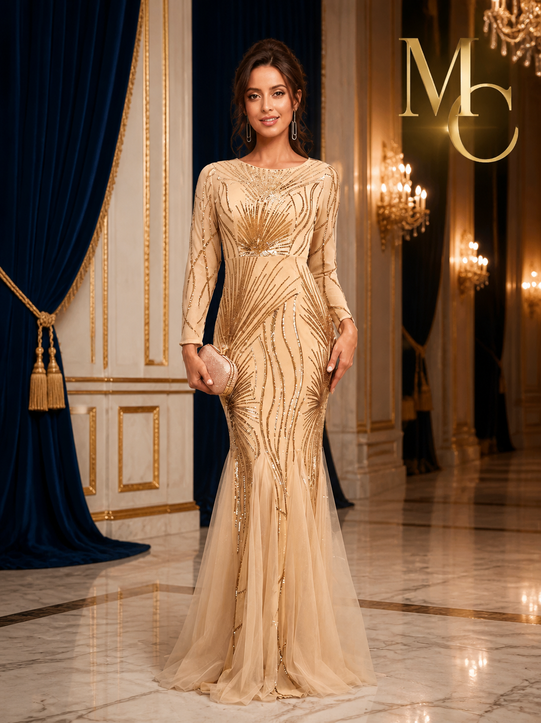 Elegant MC THE BLACK DIAMOND long sleeve sequin tulle evening dress with mermaid silhouette, suitable for prom, bridesmaid, or formal events.