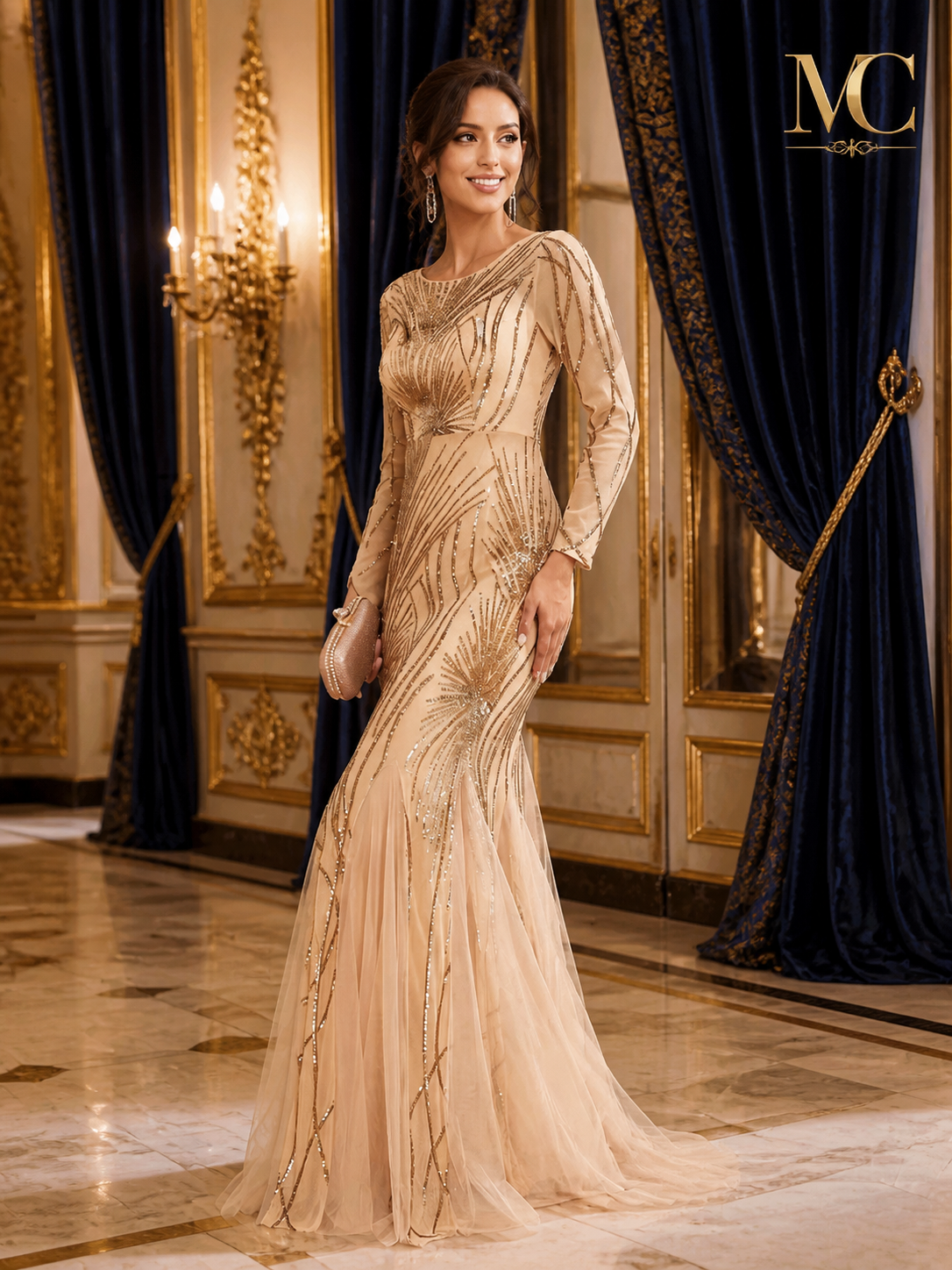 Elegant long sleeve sequin tulle evening dress by MC THE BLACK DIAMOND, featuring a luxury mermaid style for formal events.