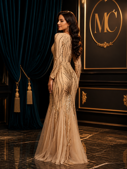 Elegant MC THE BLACK DIAMOND sequin tulle evening dress with long sleeves, mermaid silhouette, perfect for formal parties and proms.