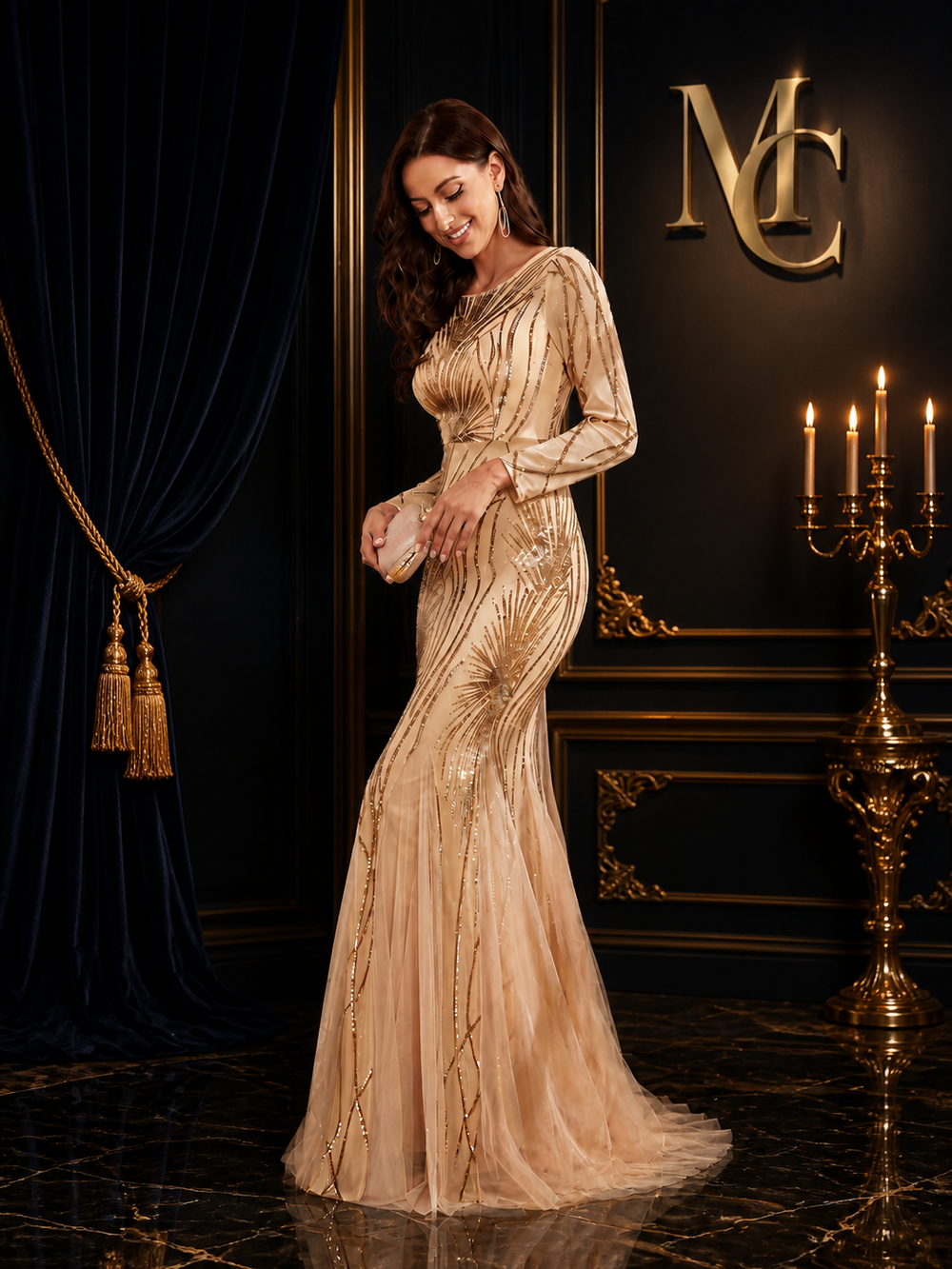 Elegant MC THE BLACK DIAMOND sequin tulle long sleeve top by Lukyanova with shimmering sequins and sheer tulle fabric.
