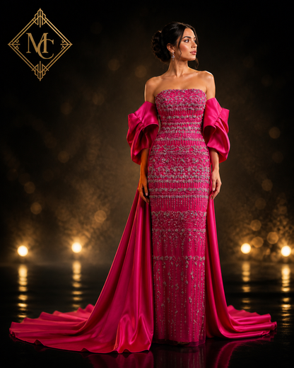 Elegant MC THE BLACK DIAMOND evening dress in sage green with a cape, featuring blue sky lilac accents, perfect for weddings and parties.
