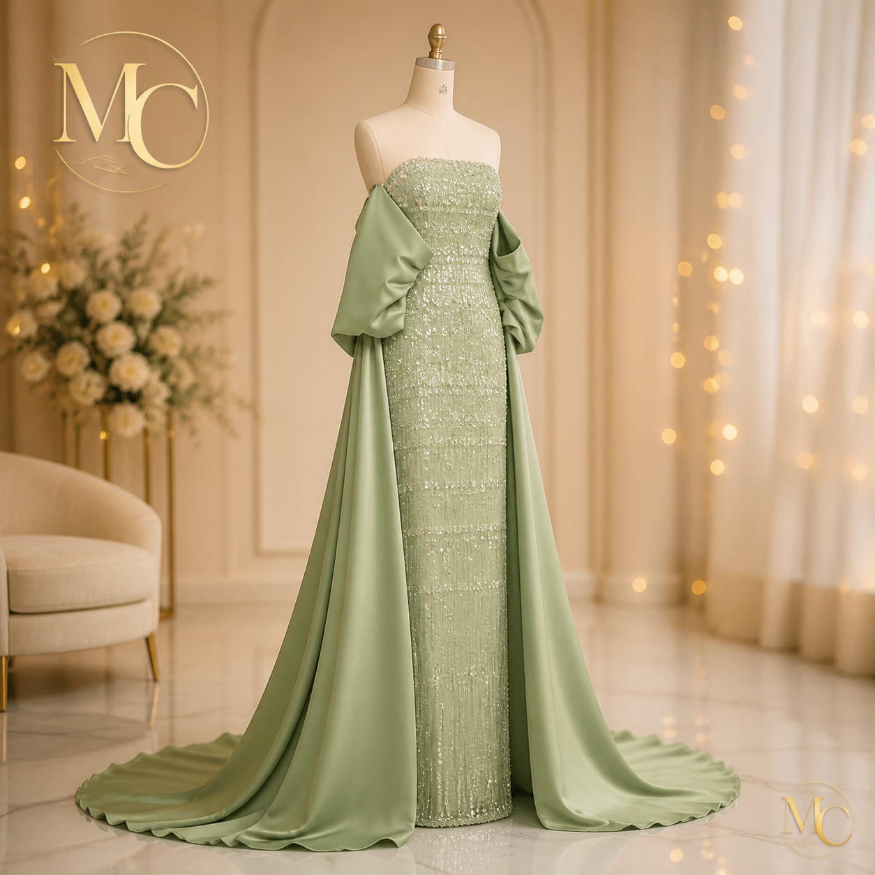 MC Luxury Dubai Sage Green Evening Dresses with Cape Blue Sky Lilac Elegant Women Wedding Party Gowns SS238 Customized