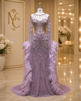 MC THE BLACK DIAMOND caramel beaded mermaid evening dress with feather cape sleeves, perfect for formal weddings and parties.
