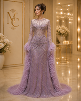MC THE BLACK DIAMOND luxury caramel beaded mermaid evening dress with feather cape sleeves, perfect for formal weddings and parties.
