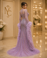 MC Luxury Caramel Beaded Mermaid Evening Dress with Feather Cape Sleeves, perfect for formal weddings and parties, by MC THE BLACK DIAMOND.