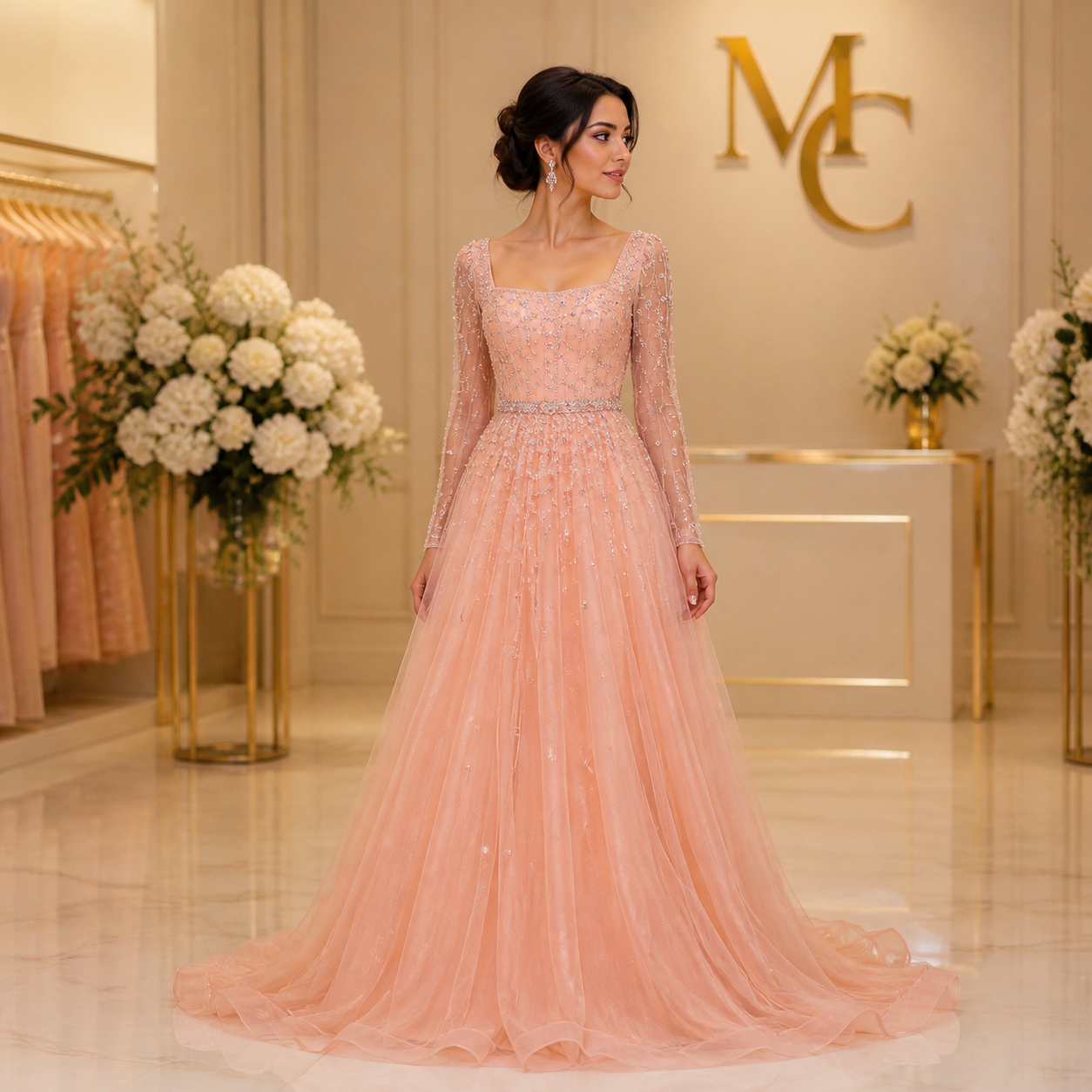 MC Luxury Pink Dubai evening dress by MC THE BLACK DIAMOND, featuring elegant fabric and intricate detailing.
