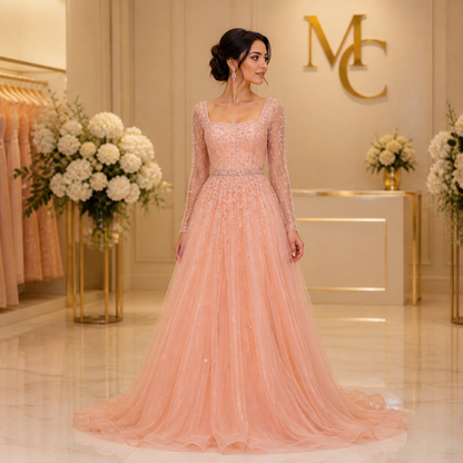 MC Luxury Pink Dubai evening dress by MC THE BLACK DIAMOND, featuring elegant fabric and intricate detailing.