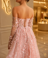 MC THE BLACK DIAMOND MC Elegant 3D Flowers Dubai evening gown with lilac overskirt, long sleeves, perfect for wedding and party events.