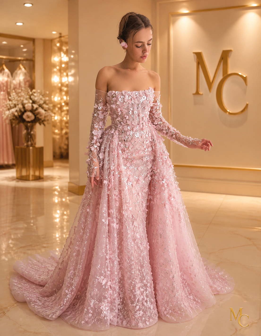 MC Elegant 3D Flowers Dubai evening dress with lilac overskirt, long sleeves, and intricate floral details for women’s wedding or party gown