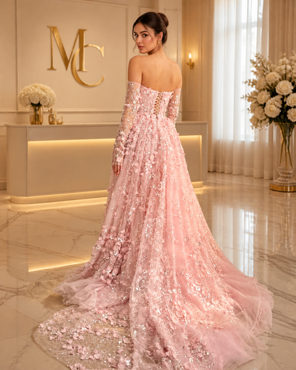 MC Elegant 3D Flowers Dubai evening dress with lilac overskirt, long sleeves, women&
