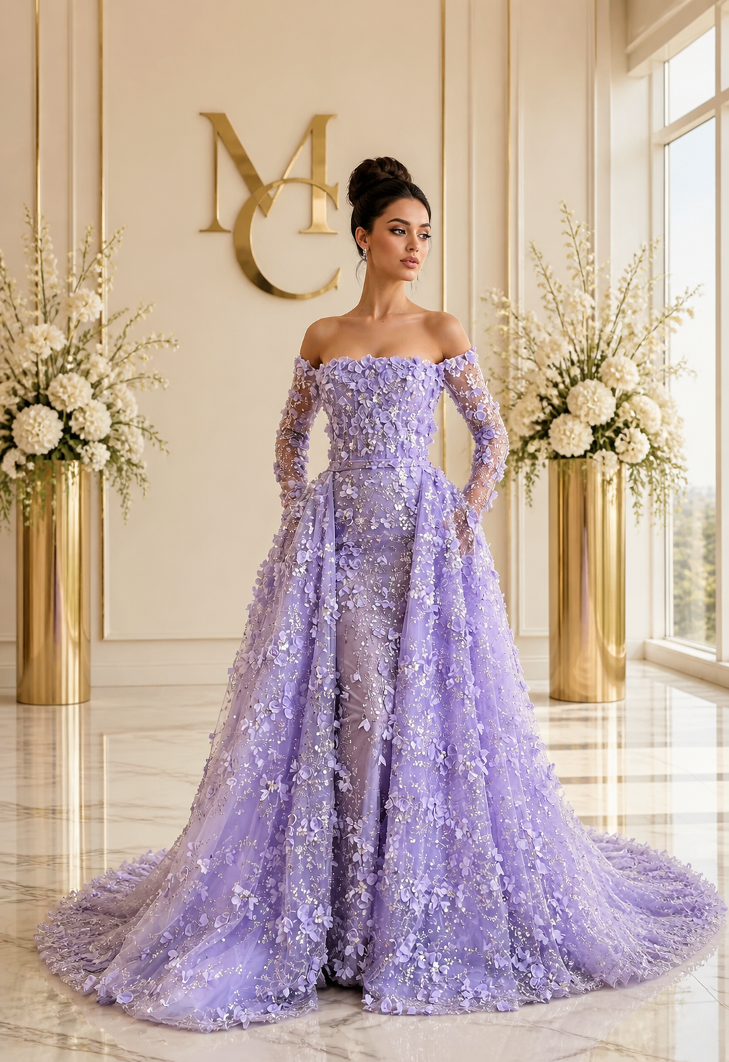 MC THE BLACK DIAMOND MC Elegant 3D Flowers Dubai evening dress with lilac overskirt, long sleeves, suitable for wedding or party events.