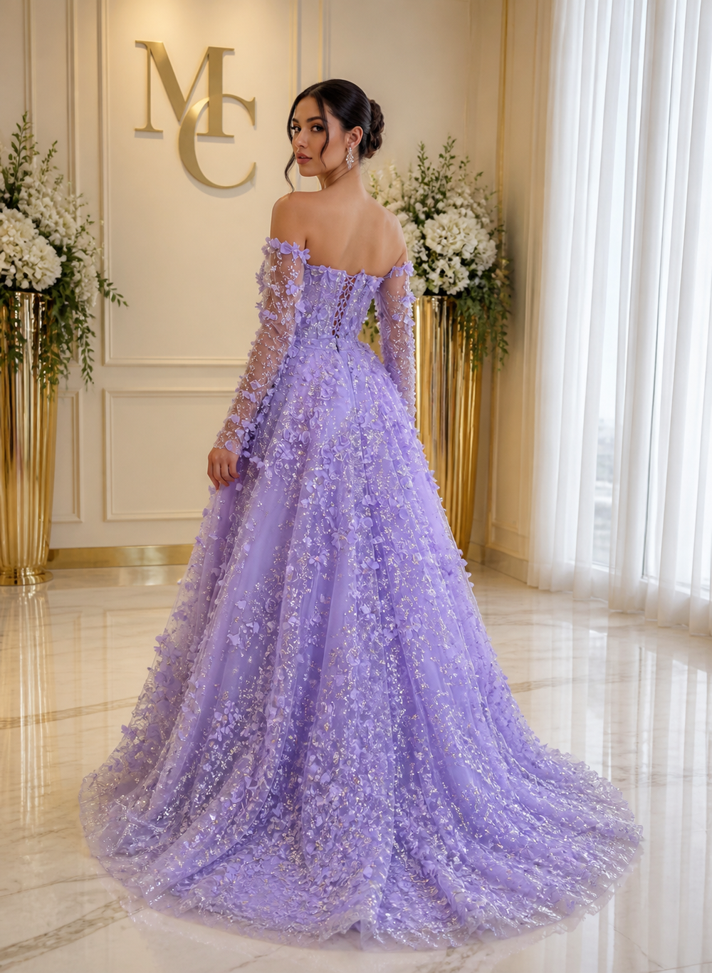 Elegant MC THE BLACK DIAMOND MC Elegant 3D Flowers Dubai evening dress with intricate floral embroidery and flowing fabric.