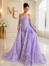 MC Elegant 3D Flowers Dubai evening dress with lilac overskirt, long sleeves, women’s wedding and party gown by MC THE BLACK DIAMOND