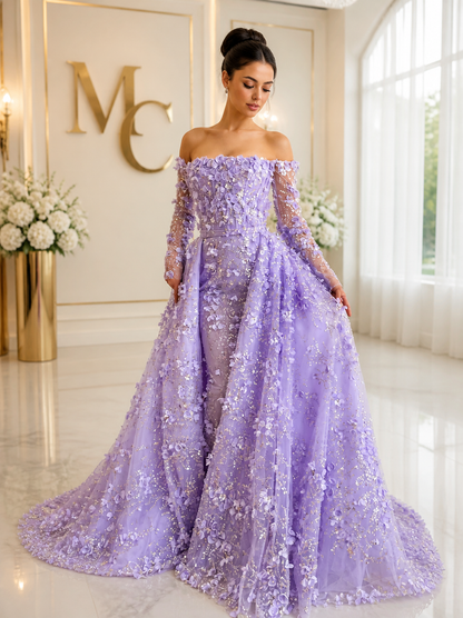 MC Elegant 3D Flowers Dubai evening dress with lilac overskirt, long sleeves, women’s wedding and party gown by MC THE BLACK DIAMOND
