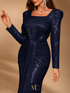 MC THE BLACK DIAMOND sequin long sleeve formal dress with square neckline, elegant evening gown suitable for wedding guests and graduation.