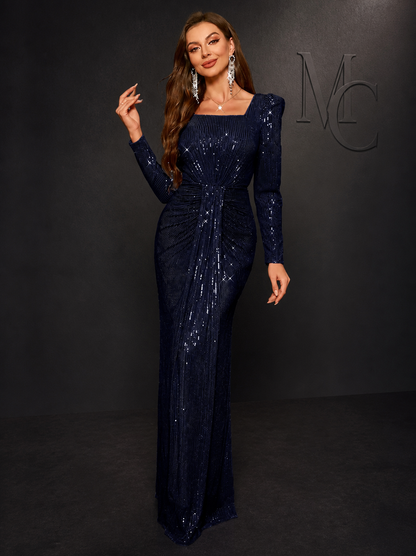 MC THE BLACK DIAMOND sequin long sleeve formal dress with square neckline, perfect for evening events and wedding guest occasions.