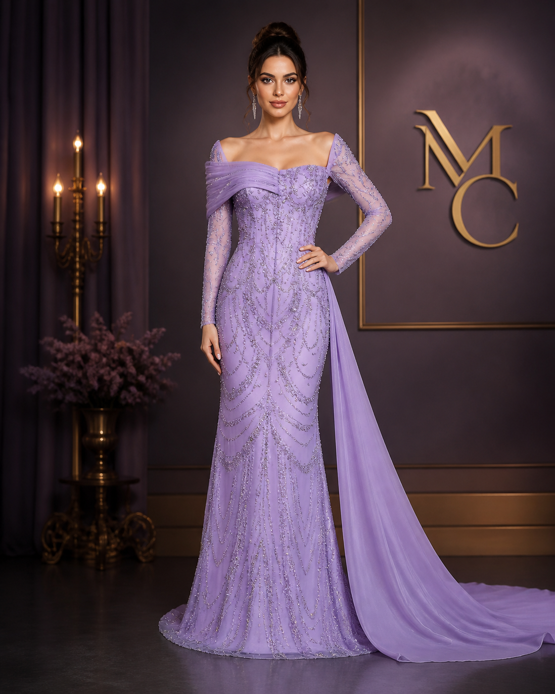 Elegant one-shoulder evening dress in luxurious tulle by MC THE BLACK DIAMOND, featuring a flowing silhouette and sophisticated design.