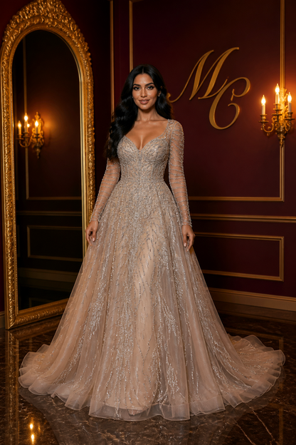 Elegant Arabic caramel A-line evening dress with beaded embellishments by MC THE BLACK DIAMOND, featuring a long flowing silhouette.