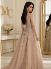 MC THE BLACK DIAMOND batwing sleeve A-line evening dress with shiny tulle, sequin appliqué, perfect for parties and prom.