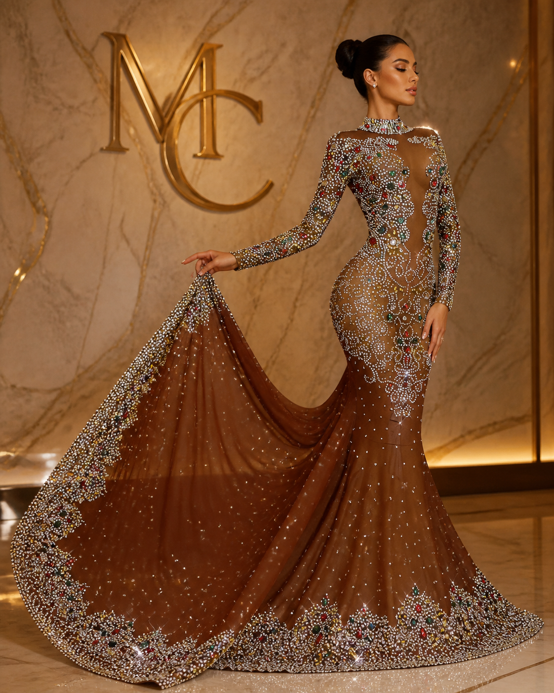 MC THE BLACK DIAMOND luxury floor-length dress with sparkling crystals, elegant design, perfect for formal occasions.