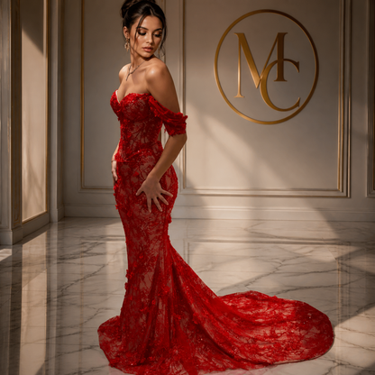 MC THE BLACK DIAMOND sweetheart long sleeve prom dress with side slit, featuring elegant design and fitted silhouette.