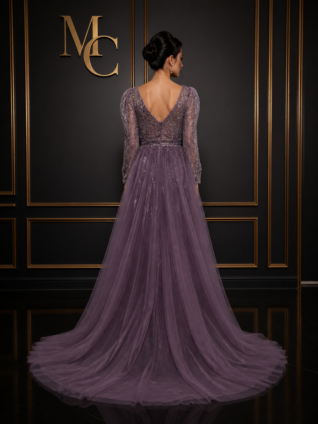 MC THE BLACK DIAMOND long sleeve evening dress for women, elegant black dress with fitted silhouette and stylish design.